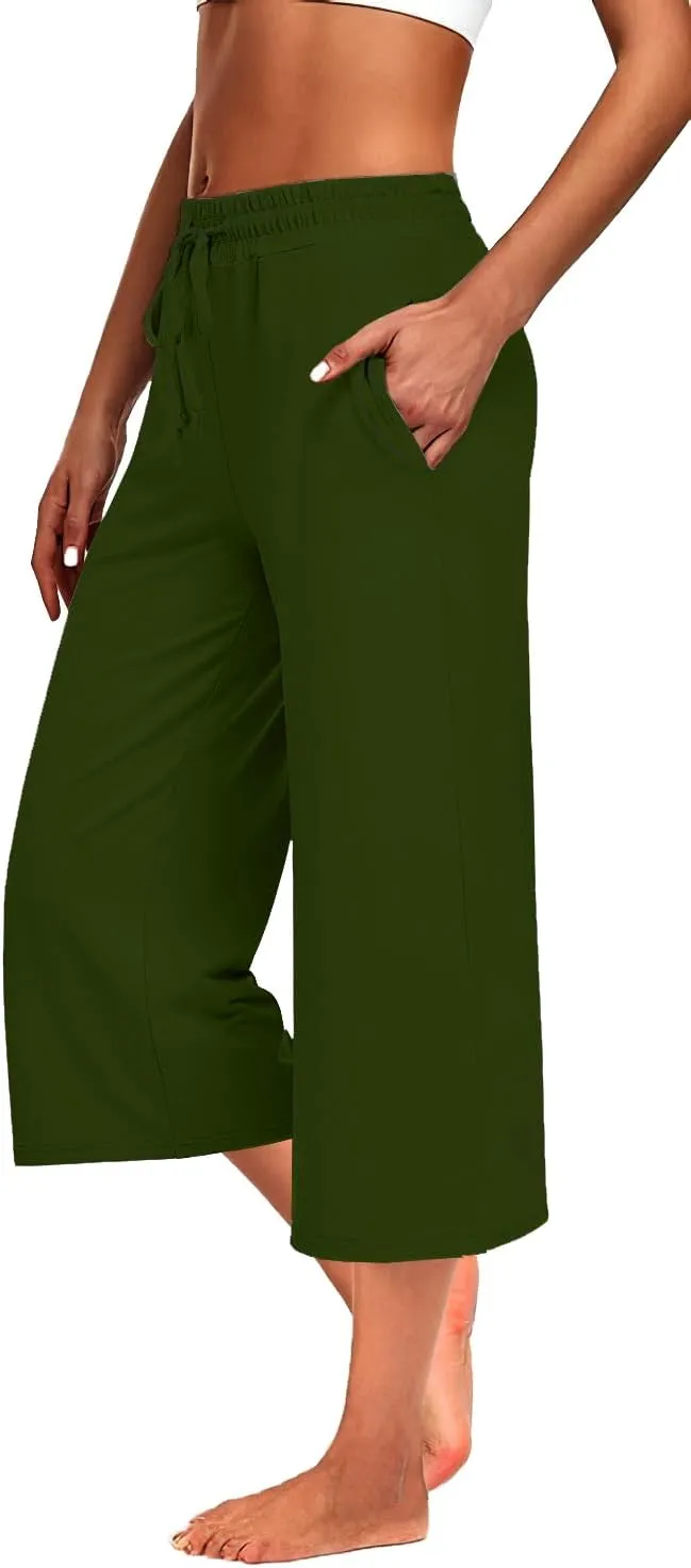 3 PACK Womens Capri Pants Loose Yoga Pants Wide Leg Drawstring Comfy Lounge Pajama Capris Loose Sweatpants with Pocket