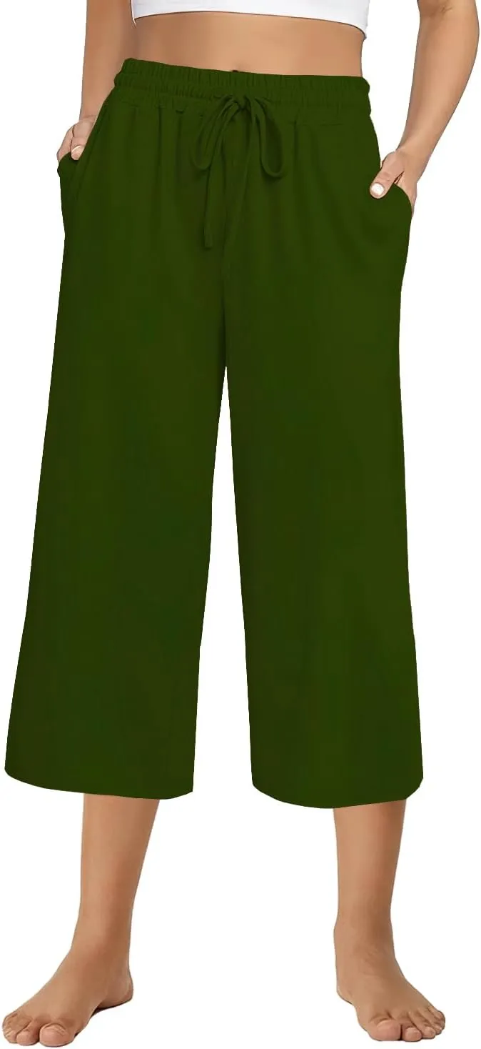 3 PACK Womens Capri Pants Loose Yoga Pants Wide Leg Drawstring Comfy Lounge Pajama Capris Loose Sweatpants with Pocket