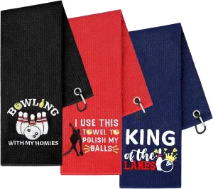 3 Pcs Bowling Towel Soft Embroidered Towel with Grommet Funny Bowling Ball Towels Absorbent Hand Towels Accessories Sport Gift for Men Sports Player Fitness Fans Birthday Gifts