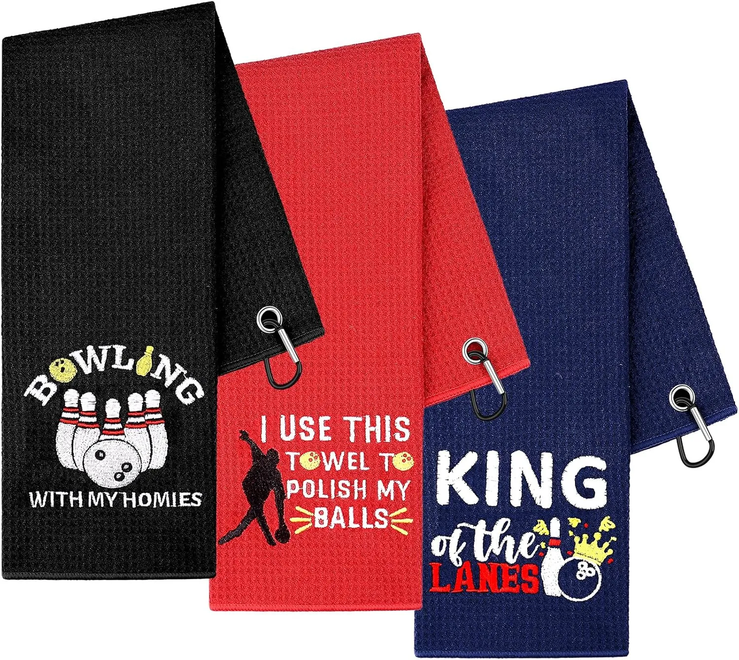 3 Pcs Bowling Towel Soft Embroidered Towel with Grommet Funny Bowling Ball Towels Absorbent Hand Towels Accessories Sport Gift for Men Sports Player Fitness Fans Birthday Gifts
