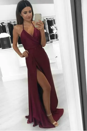 A-Line Halter Backless Burgundy Satin Prom Dress with Split L055