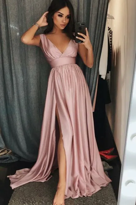 A-Line V-Neck Sweep Train Pink Prom Dress with Pleats Split OHC007