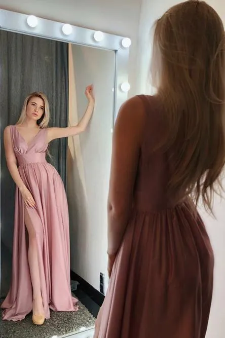 A-Line V-Neck Sweep Train Pink Prom Dress with Pleats Split OHC007