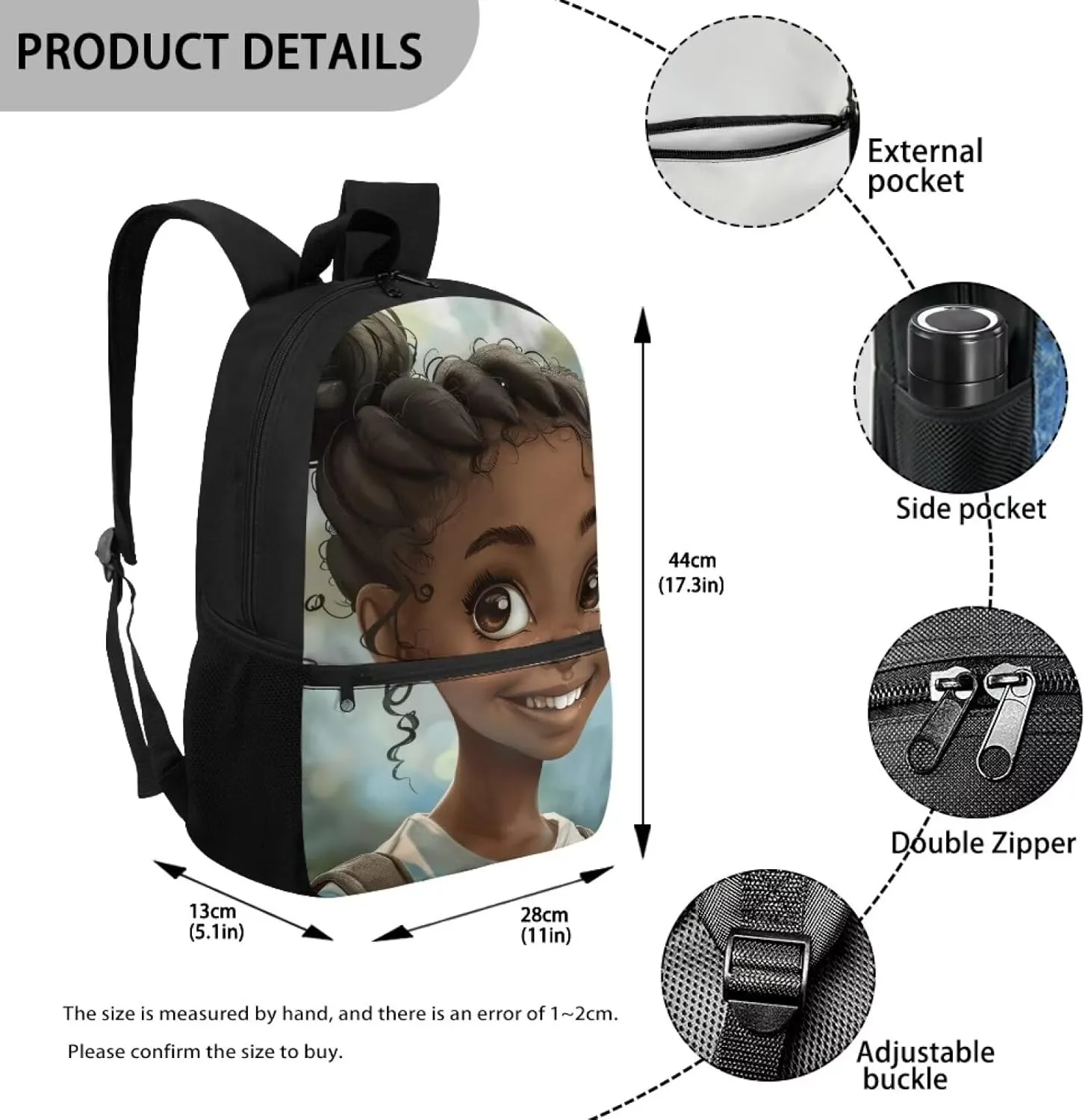 African Cute Girl Backpack for Girls 17 Inch School Book Bag Toddler Bag Multi-functional Large Capacity Travel Bag with Padded Straps Fits 3 to 16 Years Old Fashionable Backpack