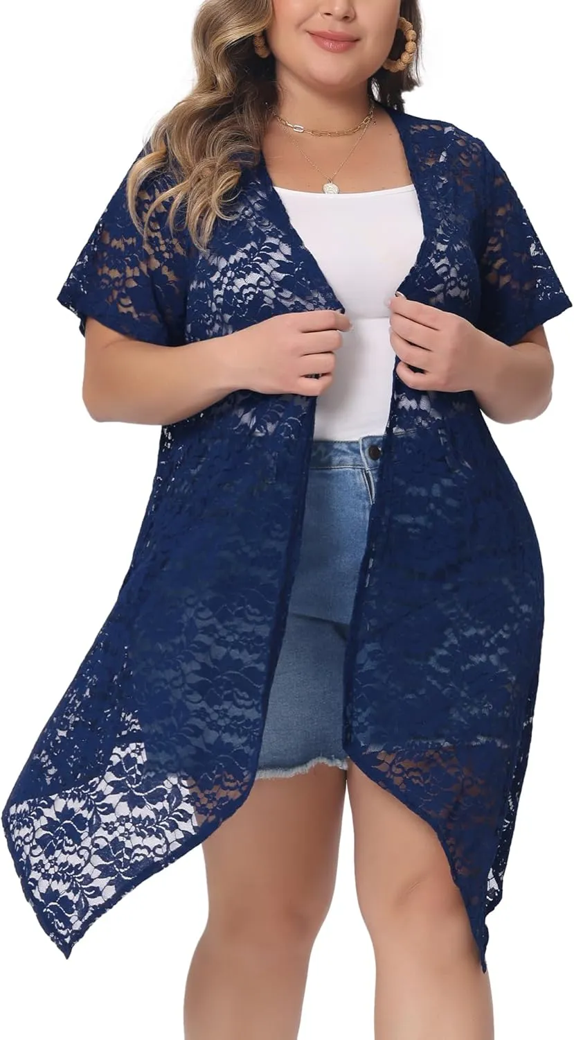 Agnes Orinda Plus Size Lace Crochet Cardigan for Women Open Front Short Sleeves Sheer Cover Up Jacket
