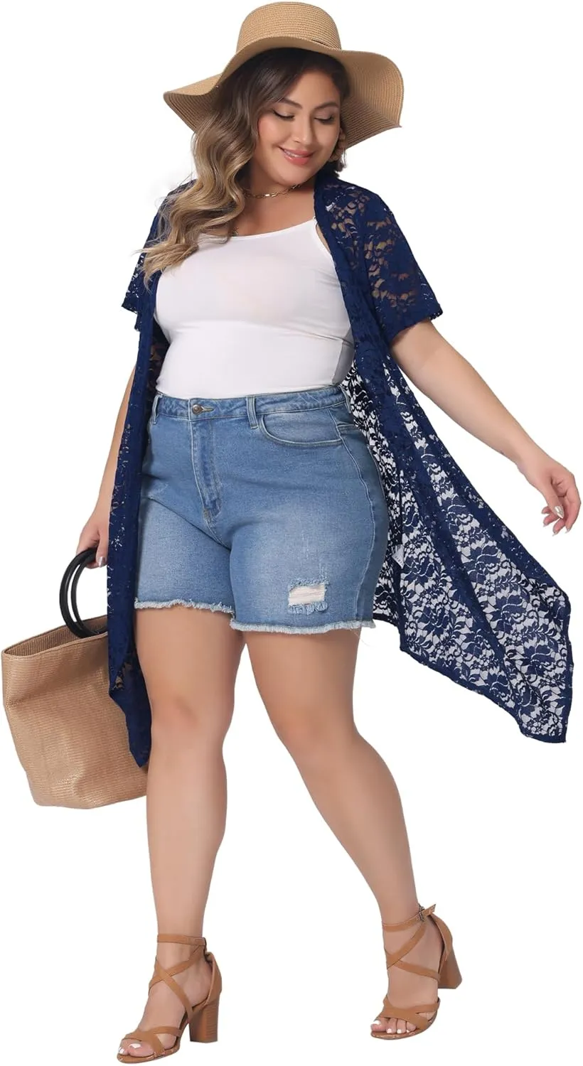 Agnes Orinda Plus Size Lace Crochet Cardigan for Women Open Front Short Sleeves Sheer Cover Up Jacket