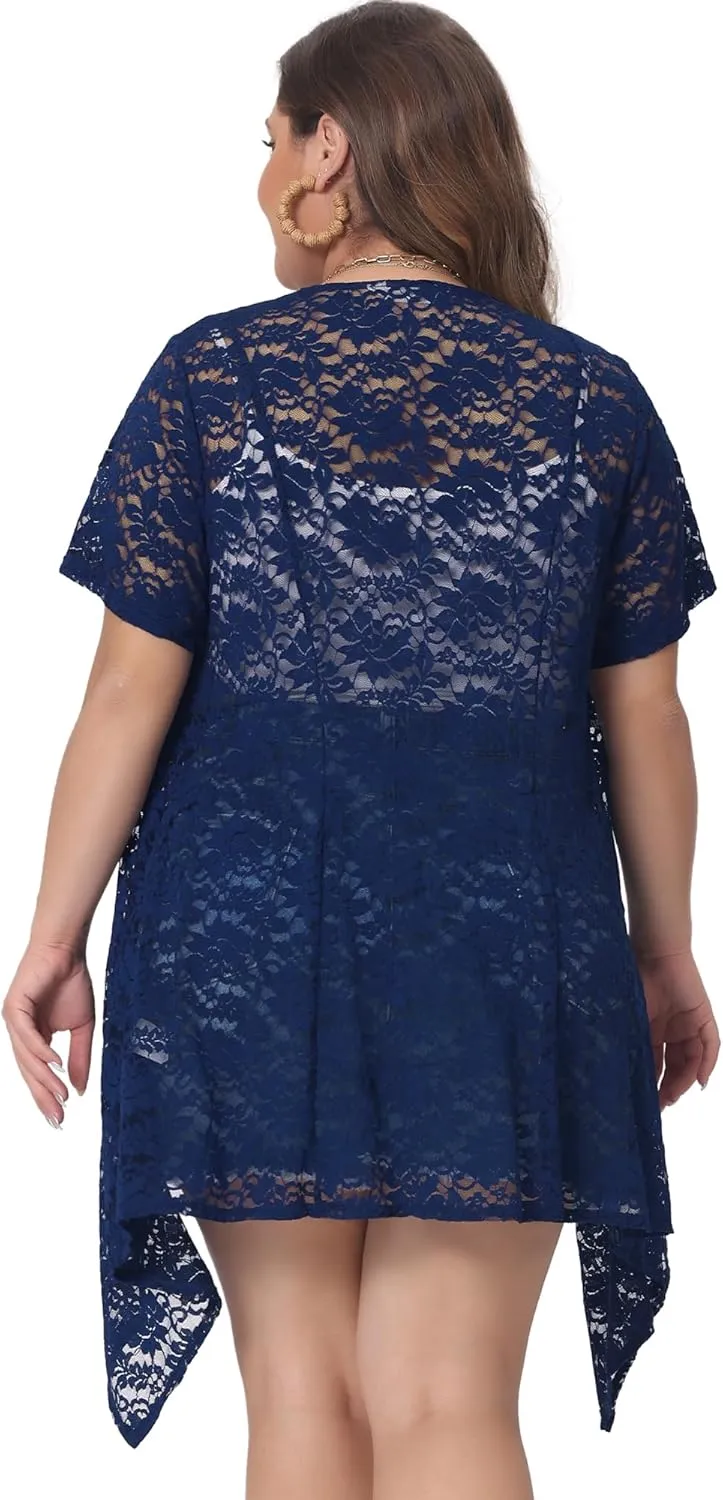 Agnes Orinda Plus Size Lace Crochet Cardigan for Women Open Front Short Sleeves Sheer Cover Up Jacket
