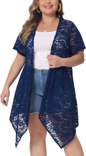 Agnes Orinda Plus Size Lace Crochet Cardigan for Women Open Front Short Sleeves Sheer Cover Up Jacket