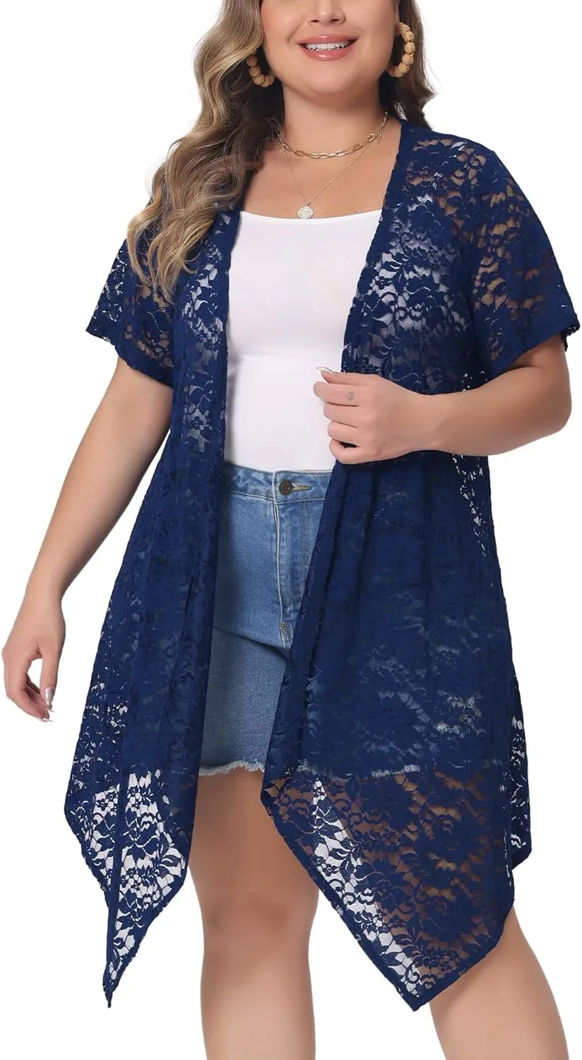 Agnes Orinda Plus Size Lace Crochet Cardigan for Women Open Front Short Sleeves Sheer Cover Up Jacket