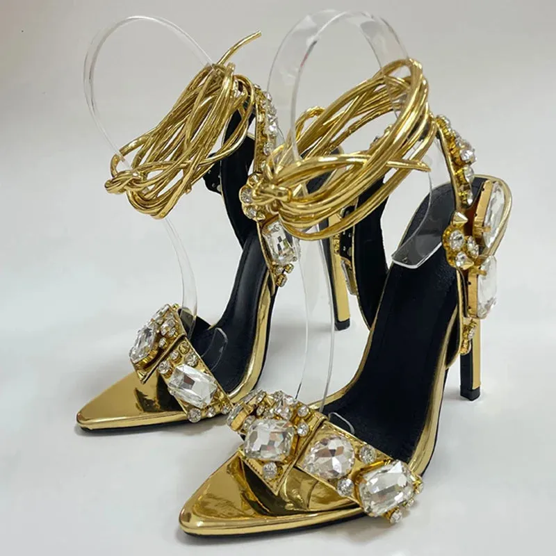 Ankle Strap Golden Sandals Party Nightclub Heels Crystal Pointed Toe Shoe