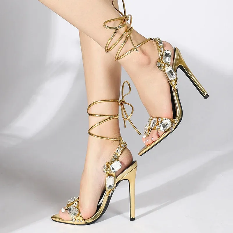 Ankle Strap Golden Sandals Party Nightclub Heels Crystal Pointed Toe Shoe
