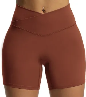 Aoxjox Trinity Workout Biker Shorts for Women Cross-Waist Crossover High Waisted Tummy Control Athletic Running Yoga Short 6"