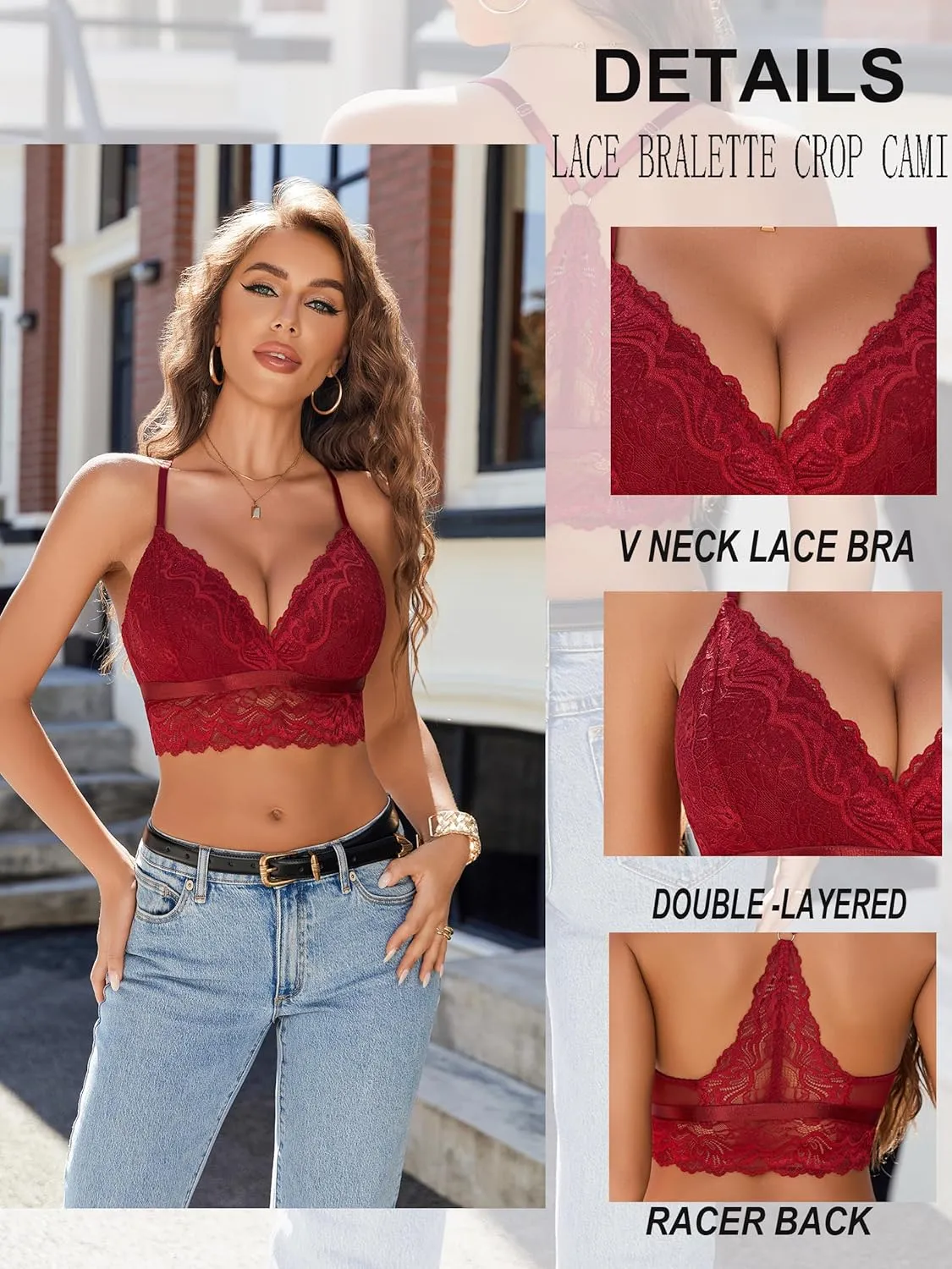 Avidlove Bralette for Women Wireless Lace Bra V Neck Racerback Cami Tank Y2k Camisoles Adjustable Crop Top