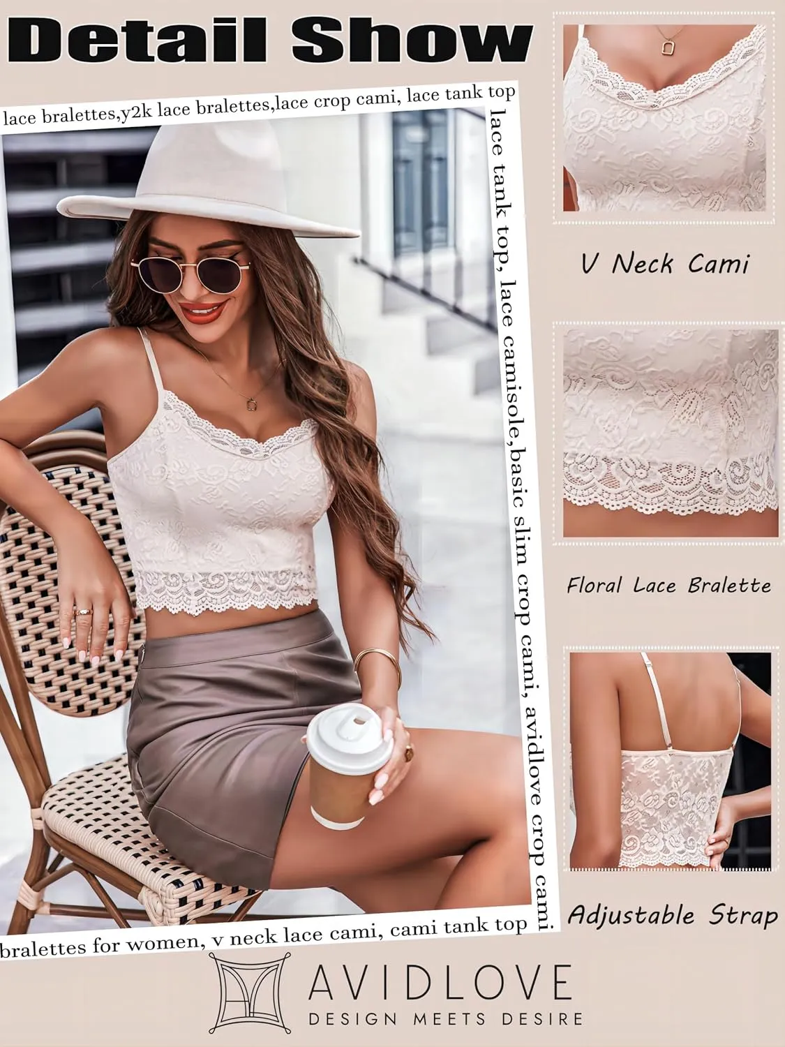 Avidlove Lace Bralette for Women Spaghetti Strap Tank Top V Neck Slim Basic Camisoles,Pack of 2