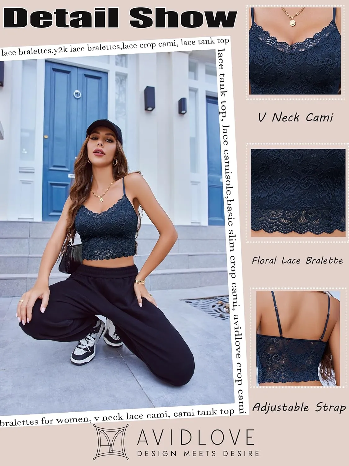 Avidlove Lace Bralette for Women Spaghetti Strap Tank Top V Neck Slim Basic Camisoles,Pack of 2