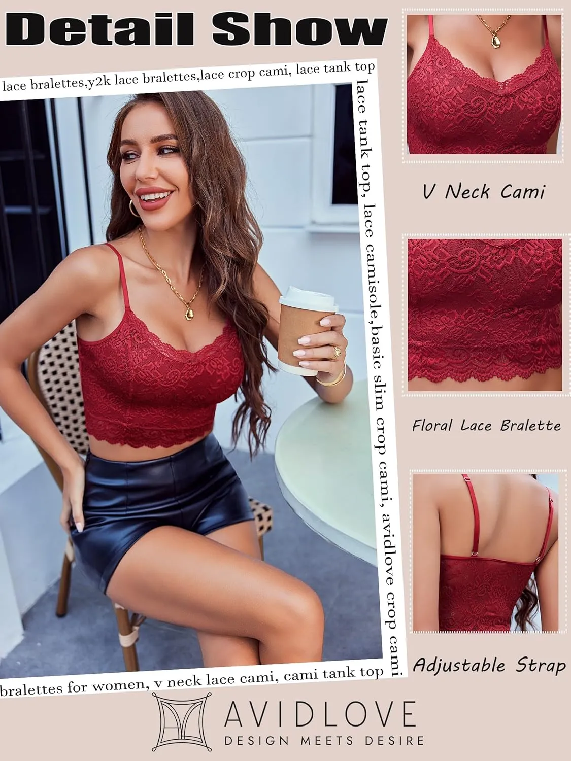 Avidlove Lace Bralette for Women Spaghetti Strap Tank Top V Neck Slim Basic Camisoles,Pack of 2