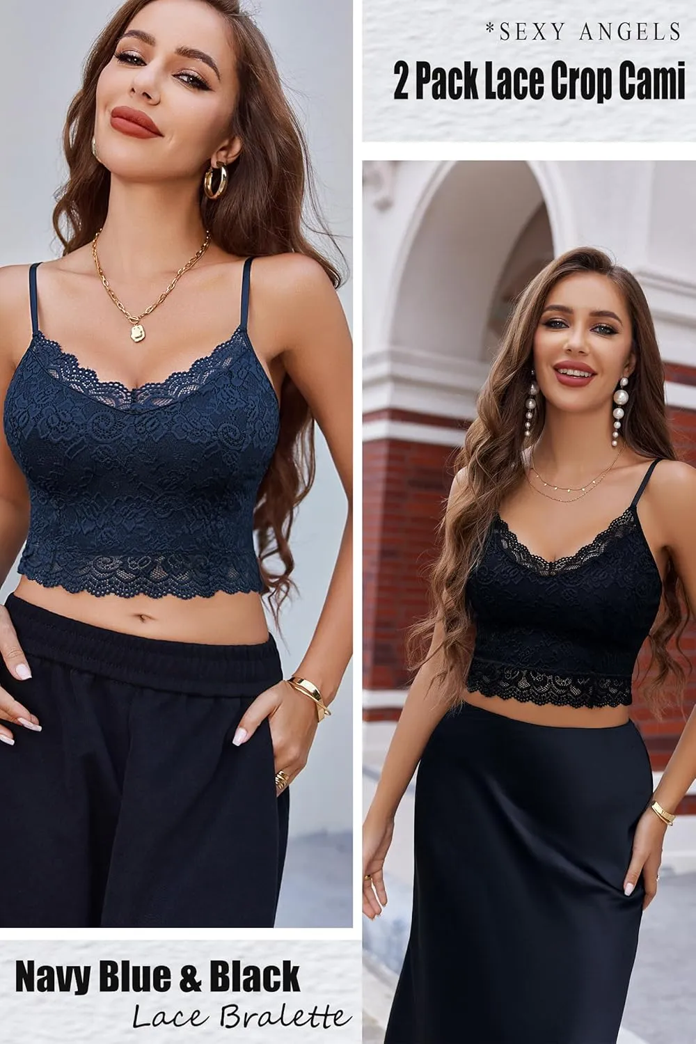 Avidlove Lace Bralette for Women Spaghetti Strap Tank Top V Neck Slim Basic Camisoles,Pack of 2