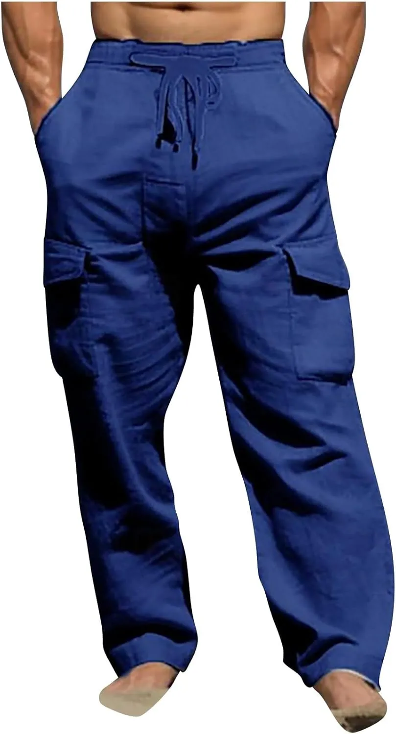 Aymnlox Mens Casual Chino Pants Solid Fall Athletic Workout Drawstring Trousers Baggy Wide Leg Straight Fit Pants with Pocket