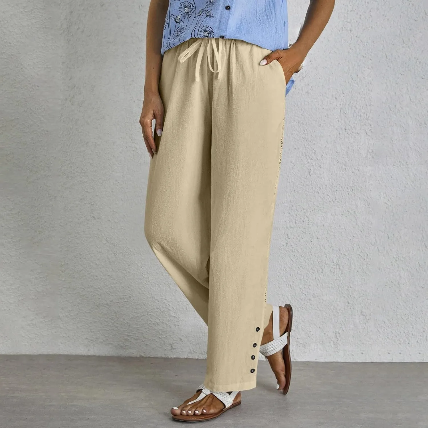 Baggy Linen Pants Women Summer Boho Lightweight High Waist Palazzo Pants Loose Comfy Straight Leg Pants Pockets