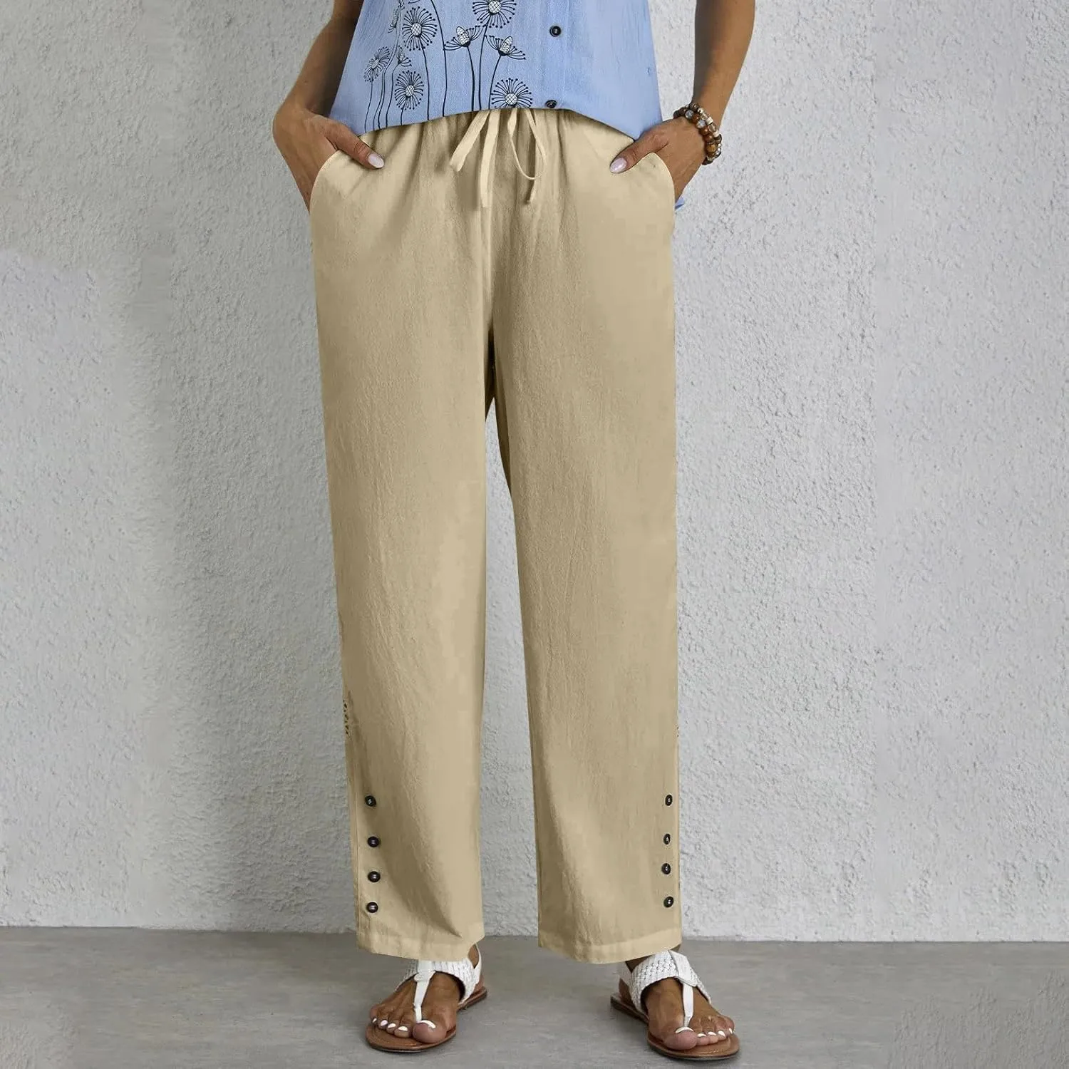 Baggy Linen Pants Women Summer Boho Lightweight High Waist Palazzo Pants Loose Comfy Straight Leg Pants Pockets