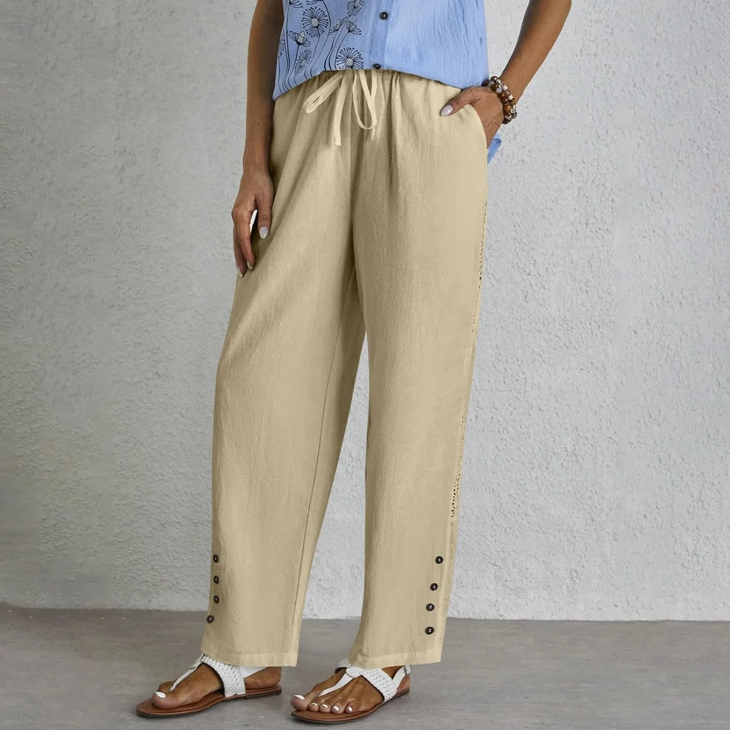 Baggy Linen Pants Women Summer Boho Lightweight High Waist Palazzo Pants Loose Comfy Straight Leg Pants Pockets
