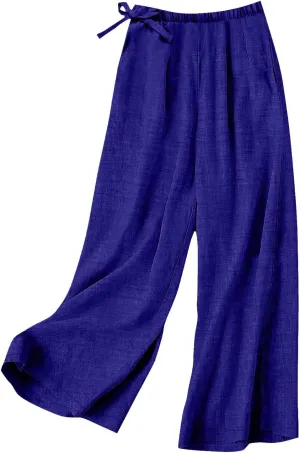 Baggy Linen Pants Women Summer Drawstring Elastic Waist Wide Leg Lounge Pant Loose Flowy Beach Trousers with Pockets