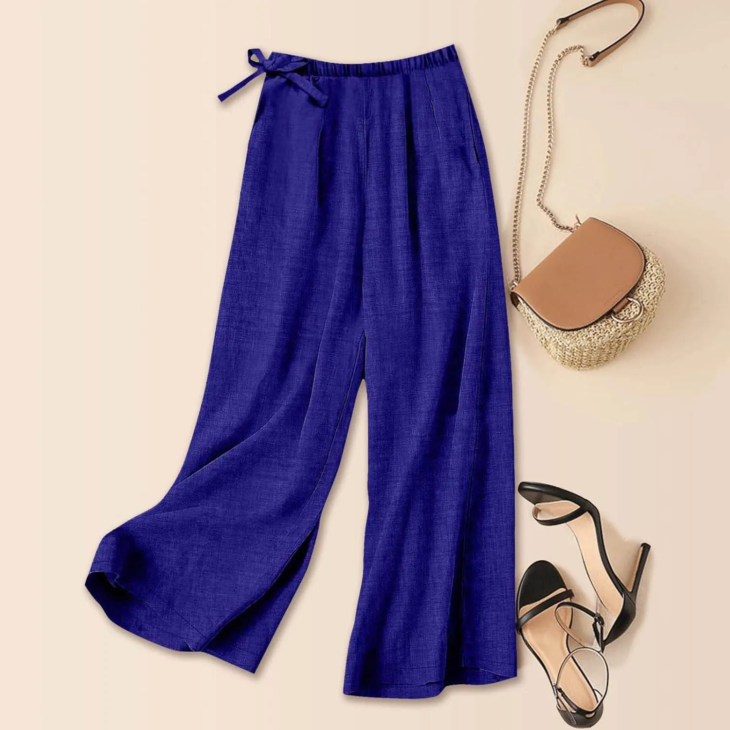 Baggy Linen Pants Women Summer Drawstring Elastic Waist Wide Leg Lounge Pant Loose Flowy Beach Trousers with Pockets