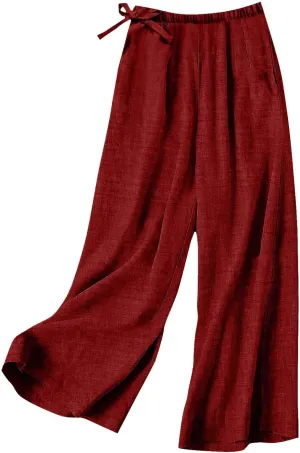 Baggy Linen Pants Women Summer Drawstring Elastic Waist Wide Leg Lounge Pant Loose Flowy Beach Trousers with Pockets