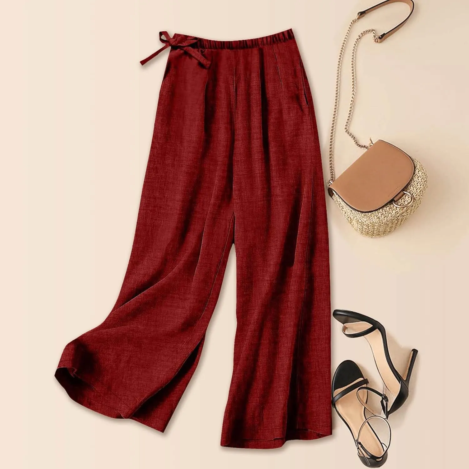 Baggy Linen Pants Women Summer Drawstring Elastic Waist Wide Leg Lounge Pant Loose Flowy Beach Trousers with Pockets