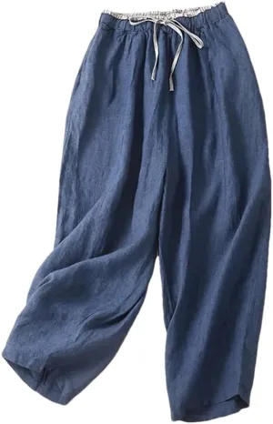 Bciopll Women Cotton Linen Harem Pants Summer Thin Lace Up Elastic Waist Ankle-Length Trousers