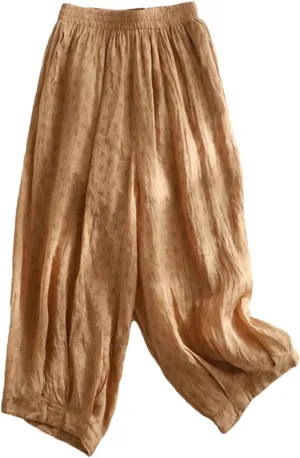 Bciopll Women Summer Thin Linen Wide Leg Pants Bohemian Floral Print Harem Pants Casual Loose Elastic Waist Trousers