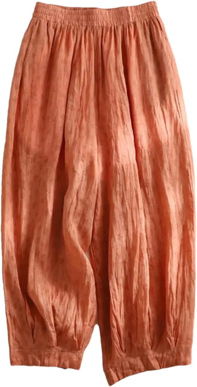 Bciopll Women Summer Thin Linen Wide Leg Pants Bohemian Floral Print Harem Pants Casual Loose Elastic Waist Trousers