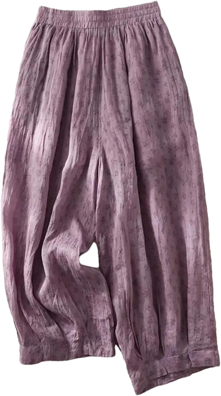 Bciopll Women Summer Thin Linen Wide Leg Pants Bohemian Floral Print Harem Pants Casual Loose Elastic Waist Trousers
