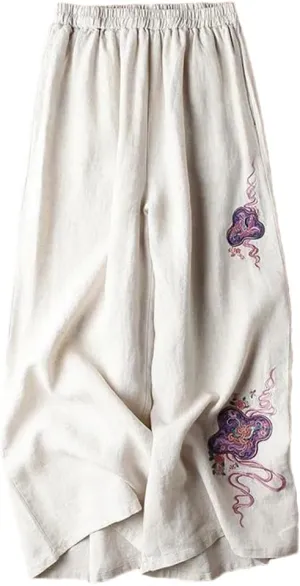 Bciopll Women's Summer Wide Leg Pants Ladies High Waist Cotton Linen Casual Trousers Embroidery Pants