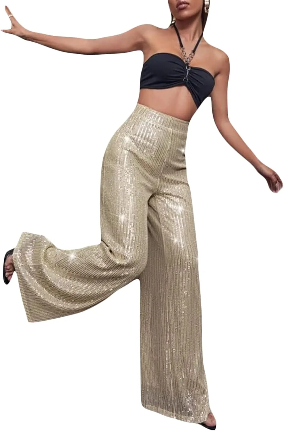 Beeuthios Women Sequin Pants Sparkly Hight Waist Wide Leg Glitter Trousers Night Out Shiny Pants Party Clubwear