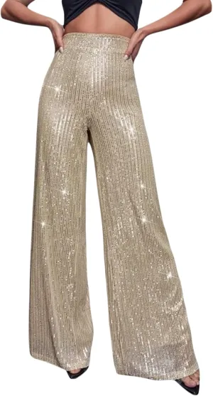 Beeuthios Women Sequin Pants Sparkly Hight Waist Wide Leg Glitter Trousers Night Out Shiny Pants Party Clubwear