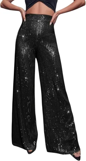 Beeuthios Women Sequin Pants Sparkly Hight Waist Wide Leg Glitter Trousers Night Out Shiny Pants Party Clubwear