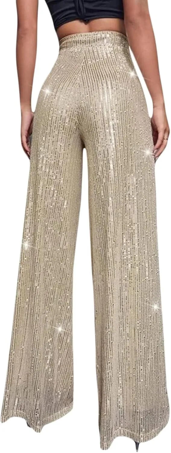 Beeuthios Women Sequin Pants Sparkly Hight Waist Wide Leg Glitter Trousers Night Out Shiny Pants Party Clubwear