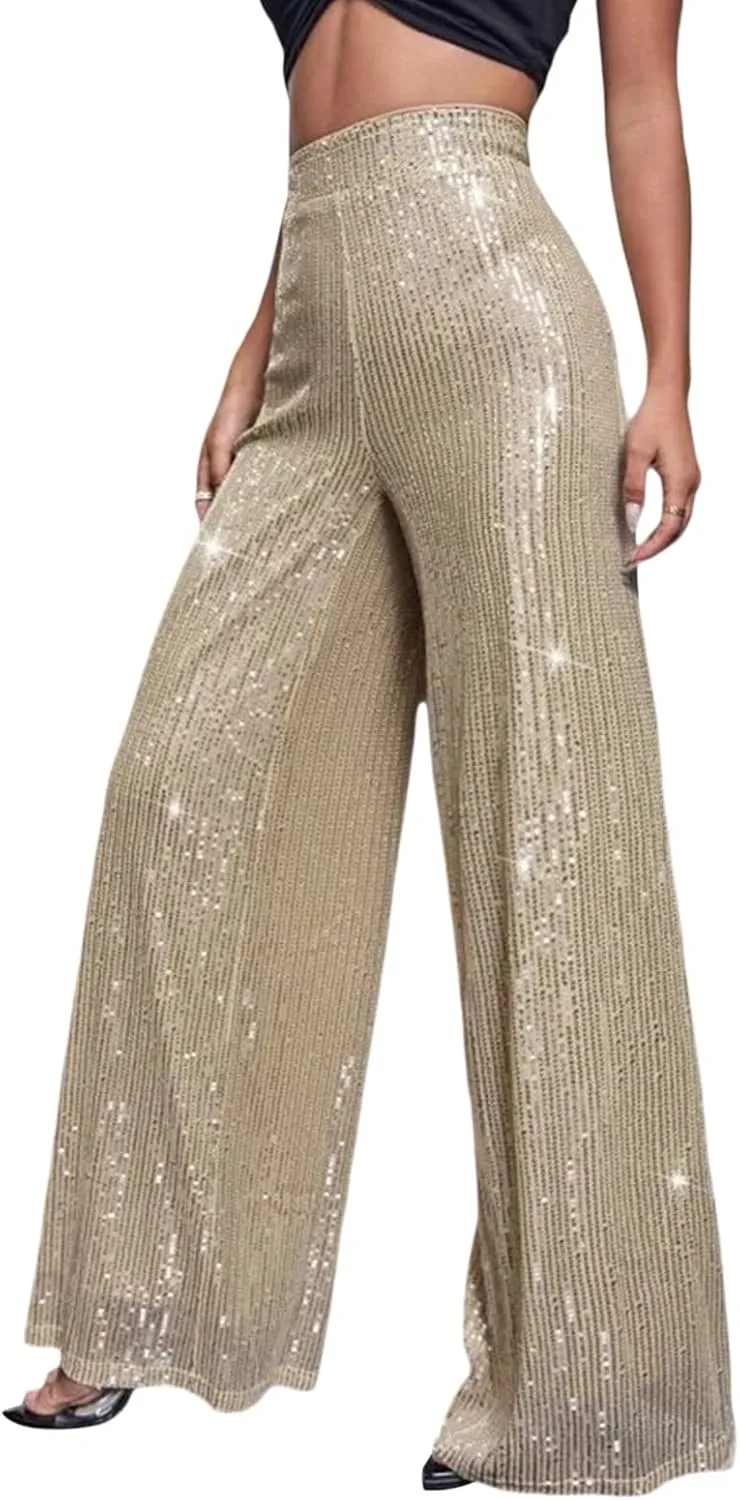 Beeuthios Women Sequin Pants Sparkly Hight Waist Wide Leg Glitter Trousers Night Out Shiny Pants Party Clubwear