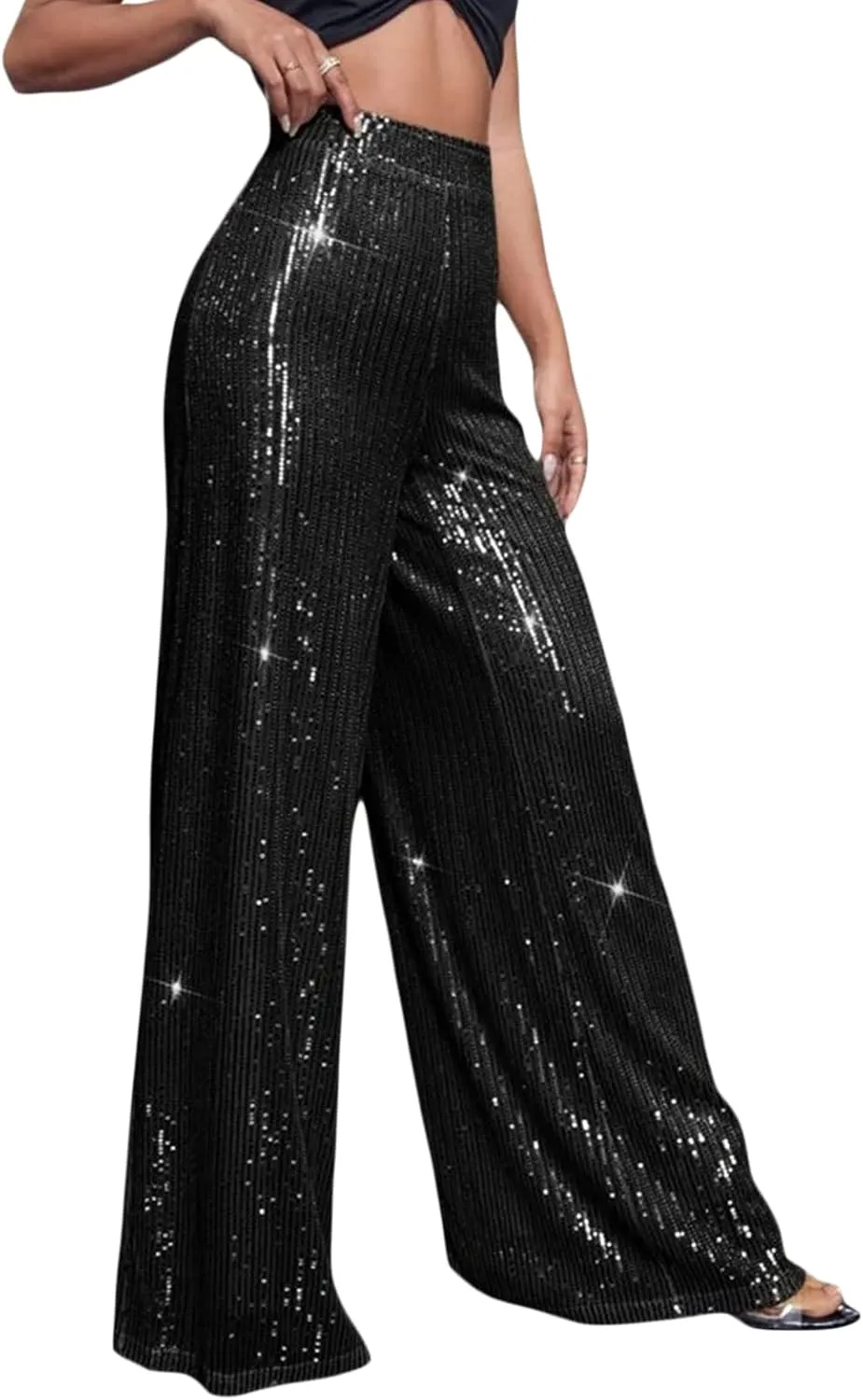 Beeuthios Women Sequin Pants Sparkly Hight Waist Wide Leg Glitter Trousers Night Out Shiny Pants Party Clubwear