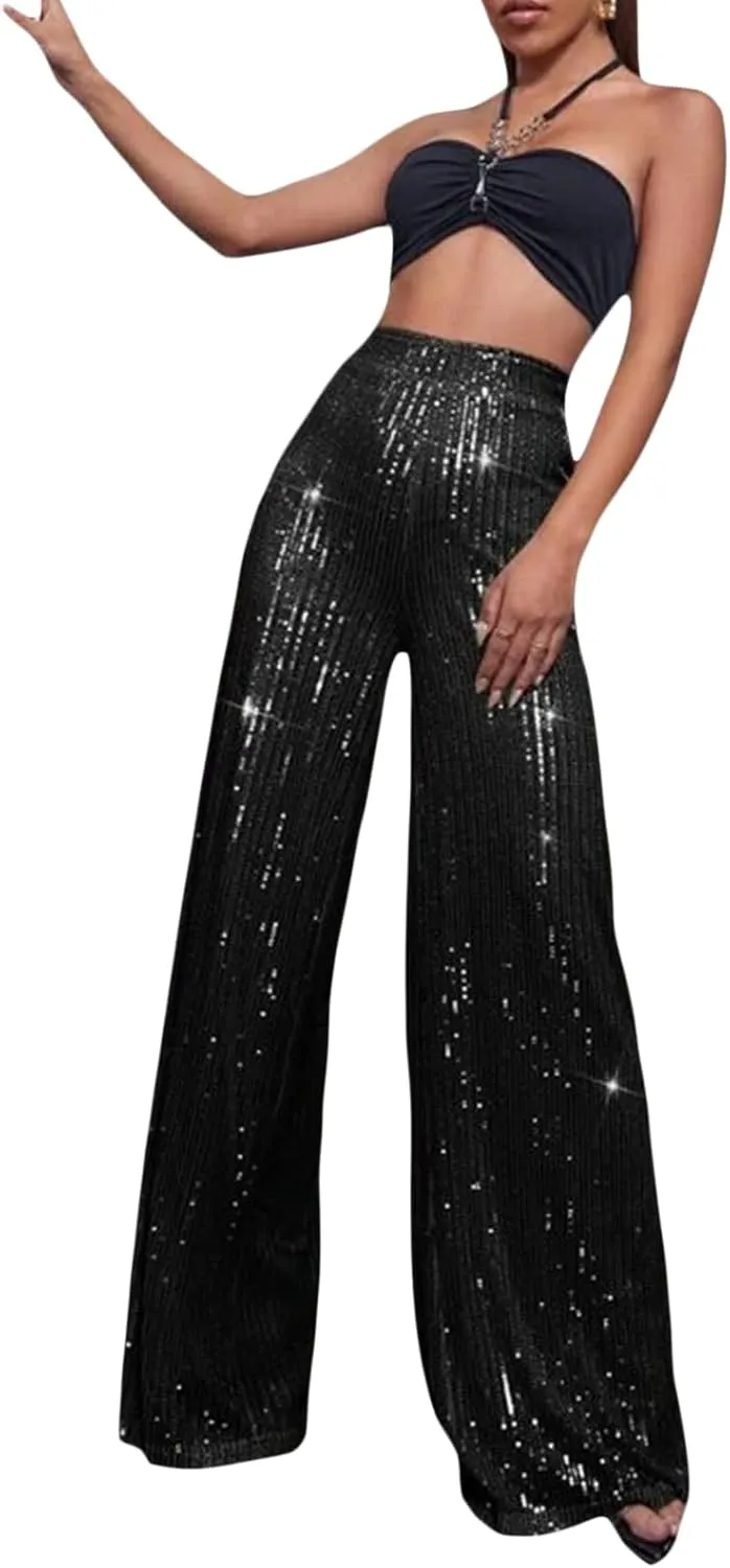 Beeuthios Women Sequin Pants Sparkly Hight Waist Wide Leg Glitter Trousers Night Out Shiny Pants Party Clubwear