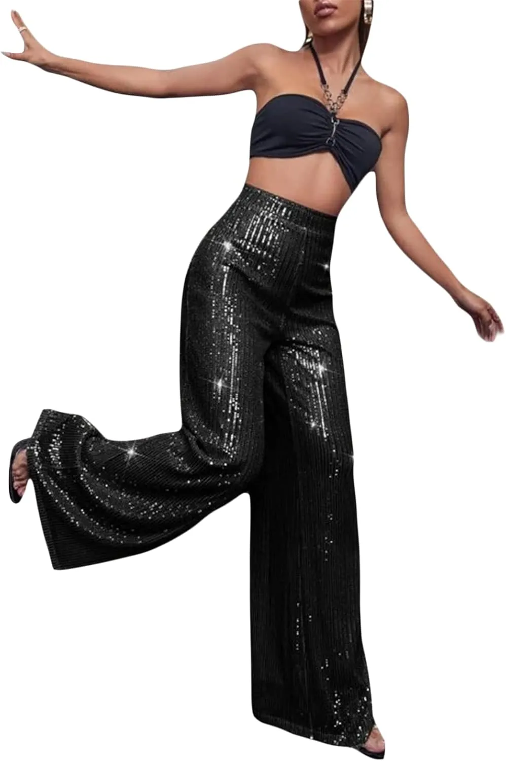 Beeuthios Women Sequin Pants Sparkly Hight Waist Wide Leg Glitter Trousers Night Out Shiny Pants Party Clubwear