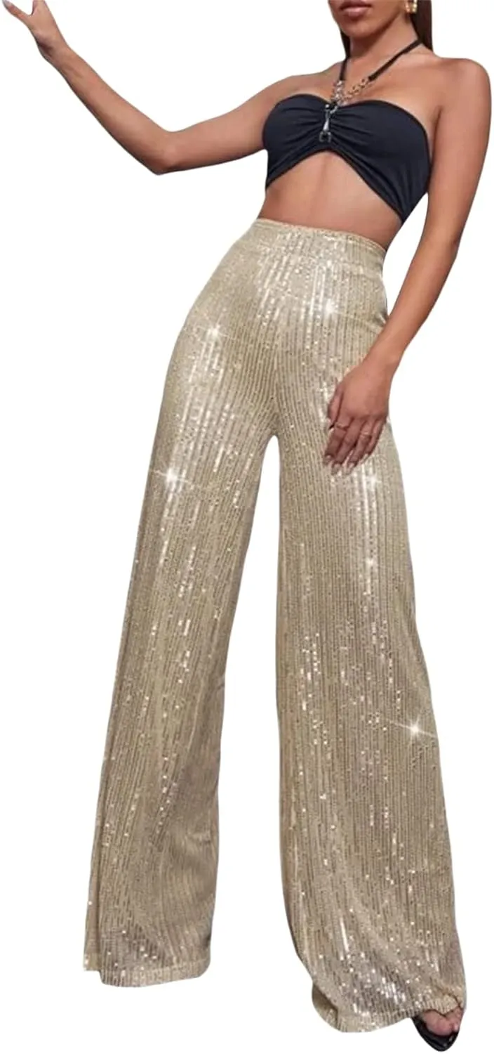 Beeuthios Women Sequin Pants Sparkly Hight Waist Wide Leg Glitter Trousers Night Out Shiny Pants Party Clubwear
