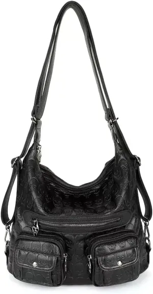 Black Skull Print Handbag Purse for Women Fashion Convertible Backpack Punk Hobo Shoulder Satchel for Christmas