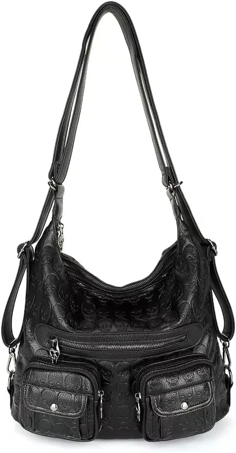 Black Skull Print Handbag Purse for Women Fashion Convertible Backpack Punk Hobo Shoulder Satchel for Christmas