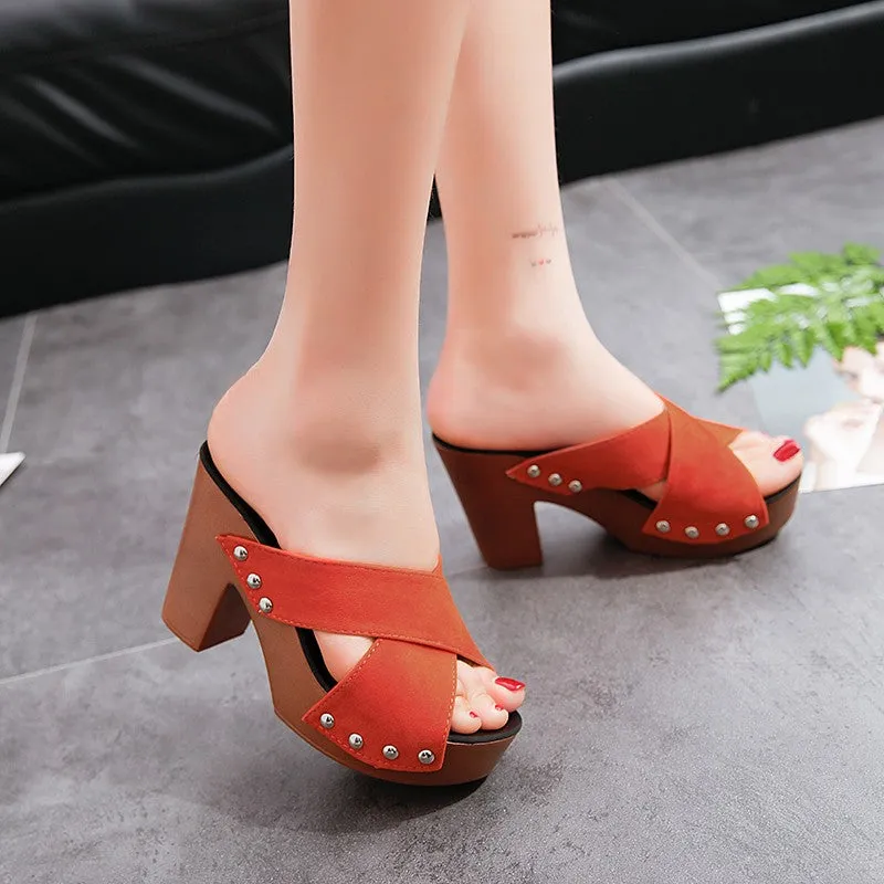 blue Summer New trend Peep-toe Off Shoulder rivet overlapping Bandage High heels Rough The thickness of the bottom PlatformHeight Rome