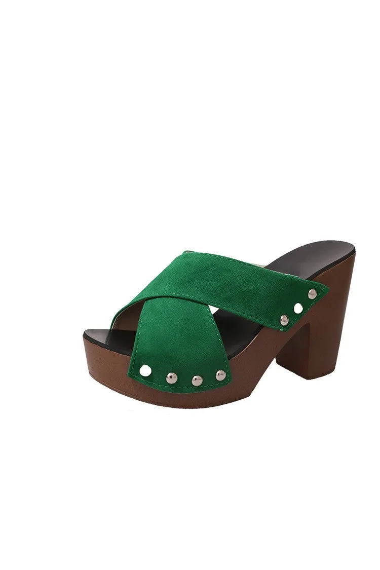 blue Summer New trend Peep-toe Off Shoulder rivet overlapping Bandage High heels Rough The thickness of the bottom PlatformHeight Rome