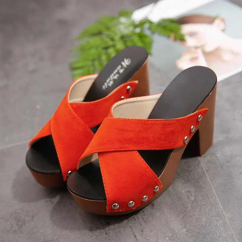 blue Summer New trend Peep-toe Off Shoulder rivet overlapping Bandage High heels Rough The thickness of the bottom PlatformHeight Rome