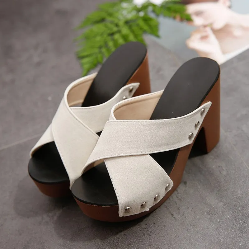 blue Summer New trend Peep-toe Off Shoulder rivet overlapping Bandage High heels Rough The thickness of the bottom PlatformHeight Rome