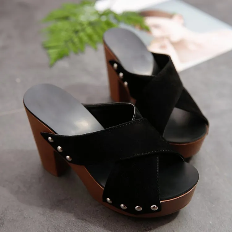 blue Summer New trend Peep-toe Off Shoulder rivet overlapping Bandage High heels Rough The thickness of the bottom PlatformHeight Rome